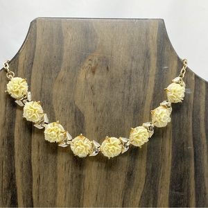 Vintage Carved Celluloid Carnation Rose Flower Necklace Ivory and Gold